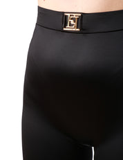 LEGGINS DONNA ELISABETTA FRANCHI NERO IN LYCRA LUCIDA CON PLACCA LOGO IN METALLO DORATO