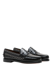 MOCASSINO DONNA SEBAGO NERO DAN STUDS IN PELLE CON MICROBORCHIE ARGENTO ALL OVER