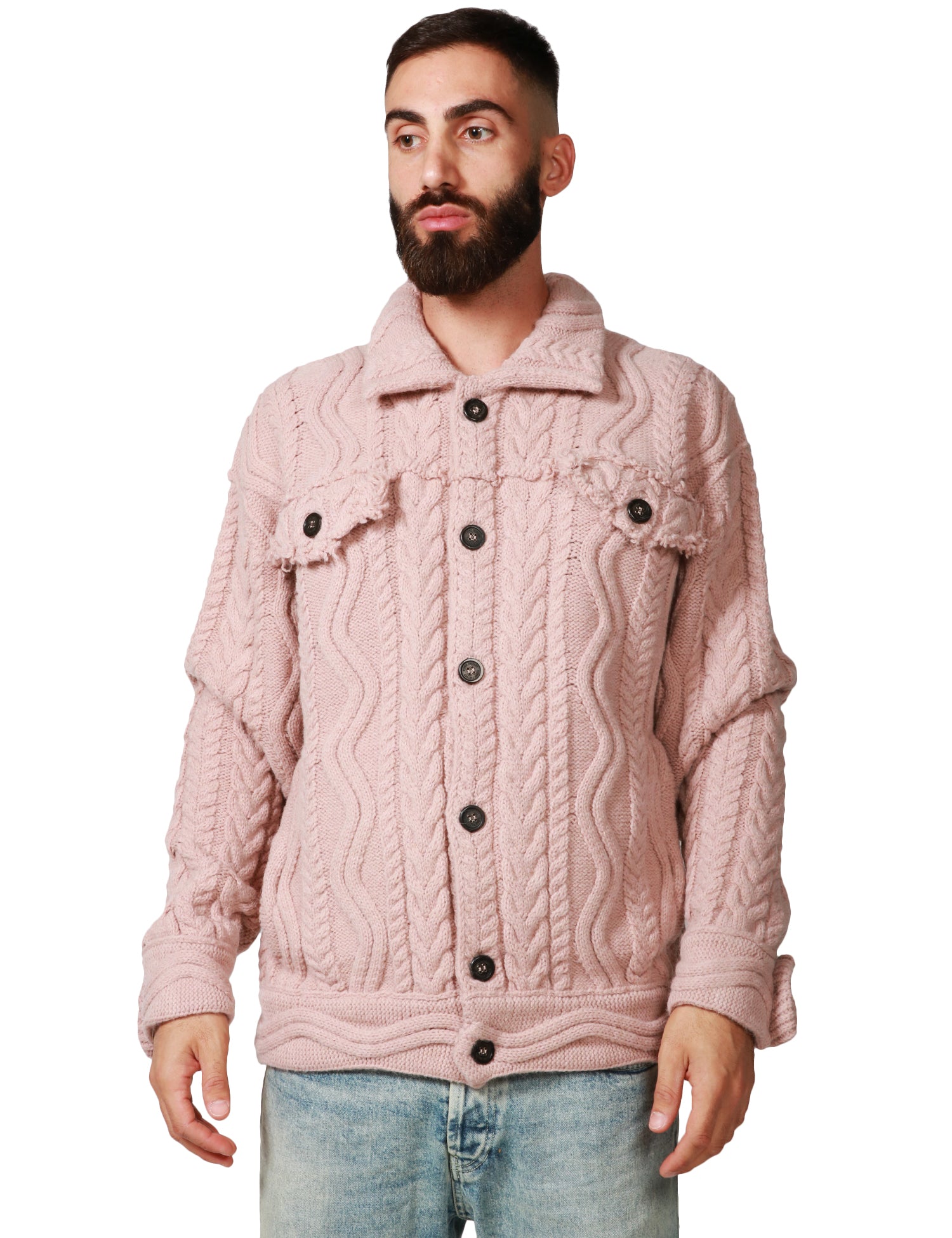 GIACCA UOMO ATOMOFACTORY CIPOLLA CON COLLETTO E BOTTONI IN LANA MAGLIA GROSSA LAVORATA A TRECCE