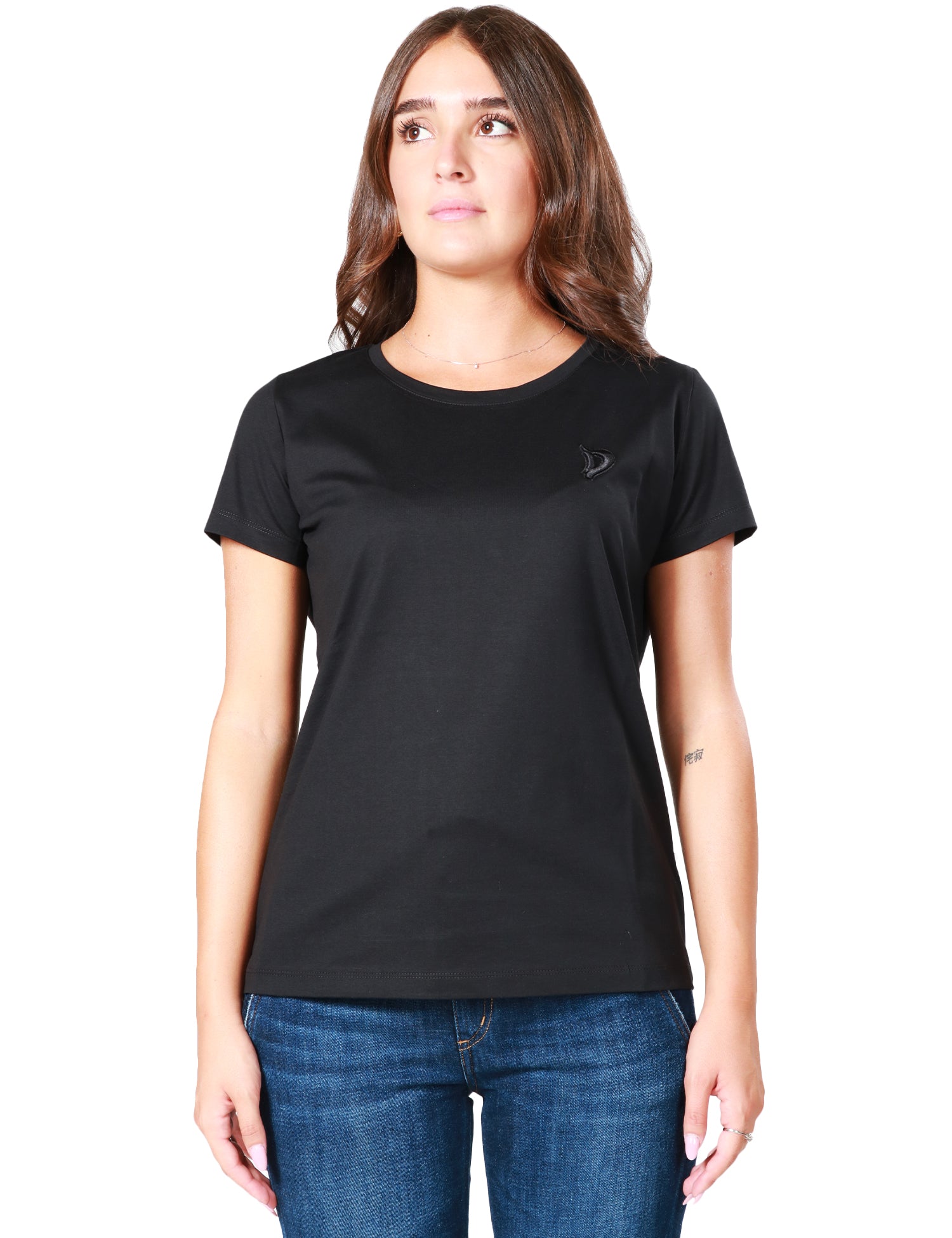 T SHIRT DONNA DONDUP NERA A GIROCOLLO IN JERSEY CON LOGO RICAMATO SUL PETTO