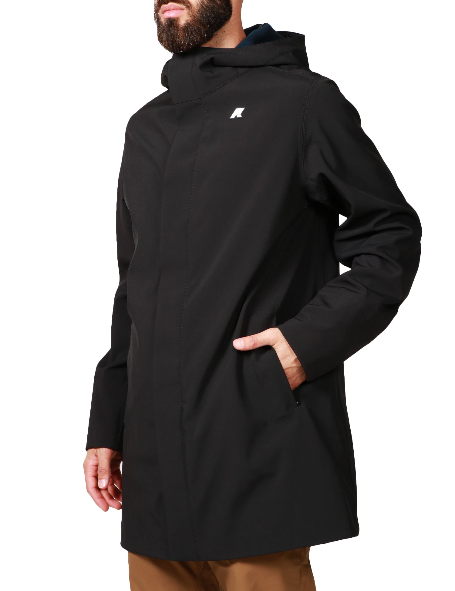 GIUBBOTTO UOMO K-WAY MARLYN NERO LUNGHEZZA MEDIA CON CAPPUCCIO IN NYLON TRE STRATI IMPERMEABILE, IDROREPELLENTE E ANTIVENTO