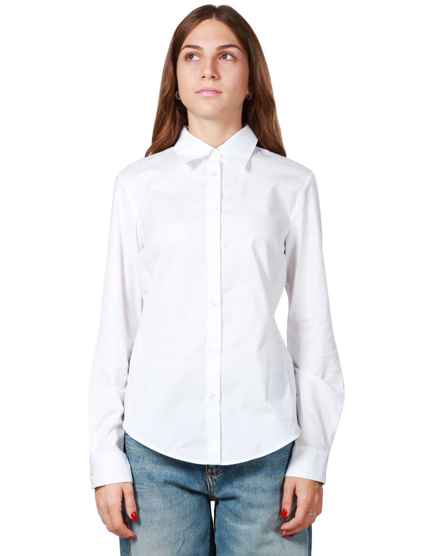 PINKO CAMICIA DONNA PINKO BIANCA A MANICA LUNGA CON ORLO STONDATO E RICAMO LOVE BIRDS DAVANTI IN POPELINE DI COTONE STRETCH CUBA bluejoy it
