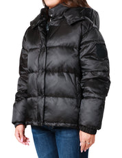 GIUBBOTTO PIUMINO DONNA PINKO NERO IDRANTE IN NYLON SATIN IMBOTTITO CON CAPPUCCIO REMOVIBILE E COULISSE REGOLABILE SUL FONDO