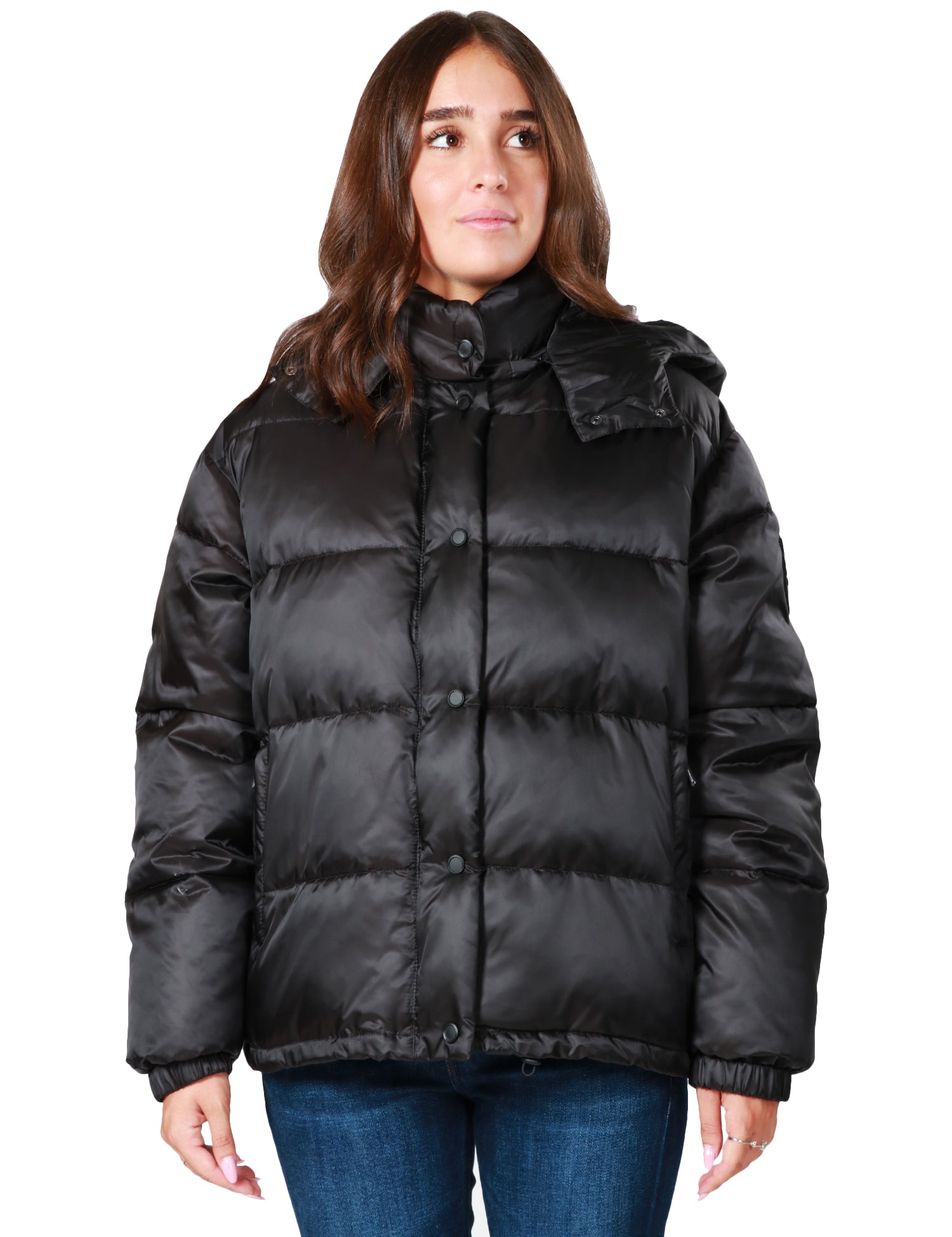 GIUBBOTTO PIUMINO DONNA PINKO NERO IDRANTE IN NYLON SATIN IMBOTTITO CON CAPPUCCIO REMOVIBILE E COULISSE REGOLABILE SUL FONDO