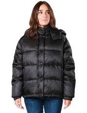 GIUBBOTTO PIUMINO DONNA PINKO NERO IDRANTE IN NYLON SATIN IMBOTTITO CON CAPPUCCIO REMOVIBILE E COULISSE REGOLABILE SUL FONDO