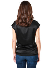 BLUSA DONNA PINKO NERA IN LUCIDO TESSUTO SATIN CON MANICA AD ALETTA E INSERTO IN GEORGETTE SEMITRASPARENTE DAVANTI
