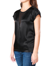 BLUSA DONNA PINKO NERA IN LUCIDO TESSUTO SATIN CON MANICA AD ALETTA E INSERTO IN GEORGETTE SEMITRASPARENTE DAVANTI