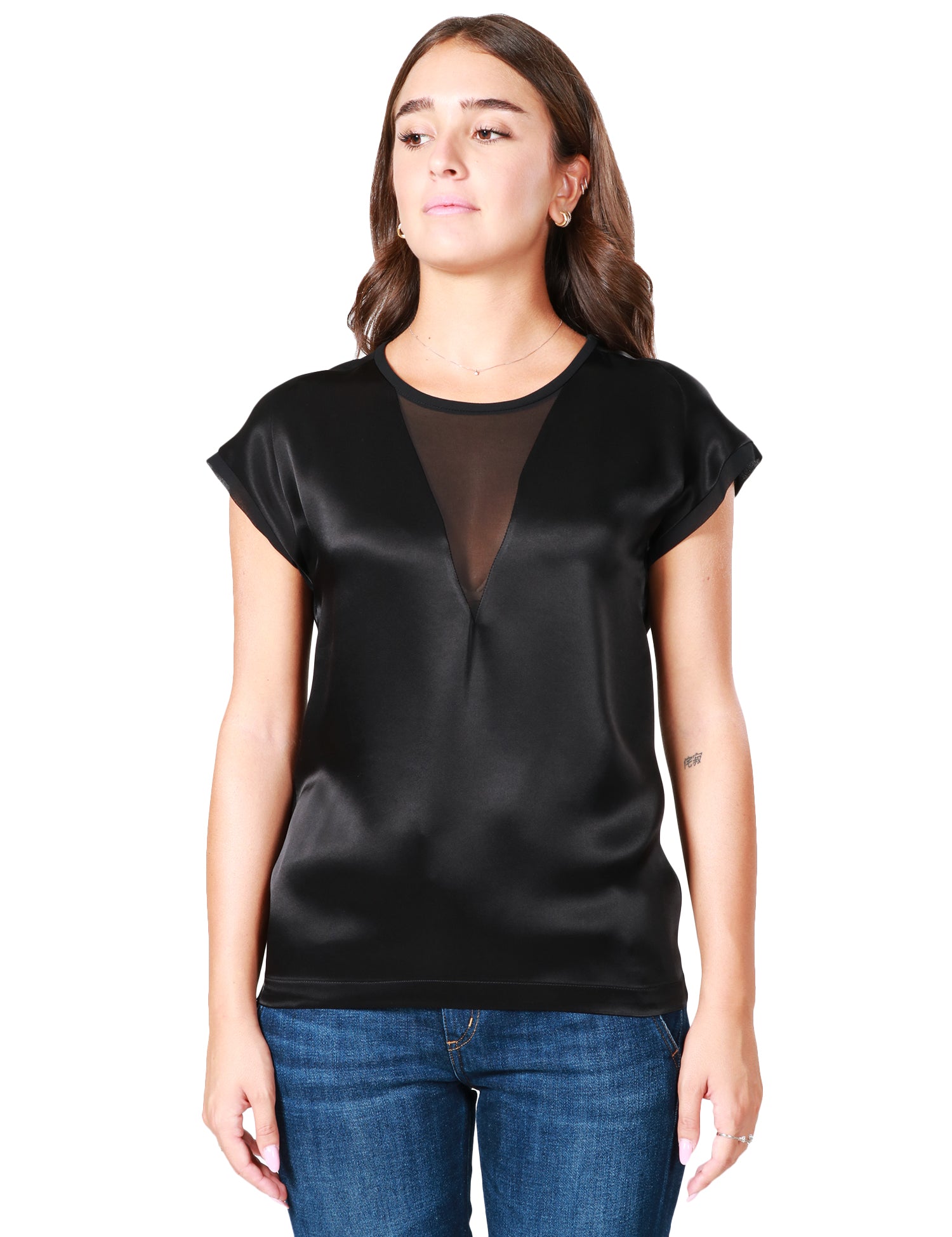 BLUSA DONNA PINKO NERA IN LUCIDO TESSUTO SATIN CON MANICA AD ALETTA E INSERTO IN GEORGETTE SEMITRASPARENTE DAVANTI