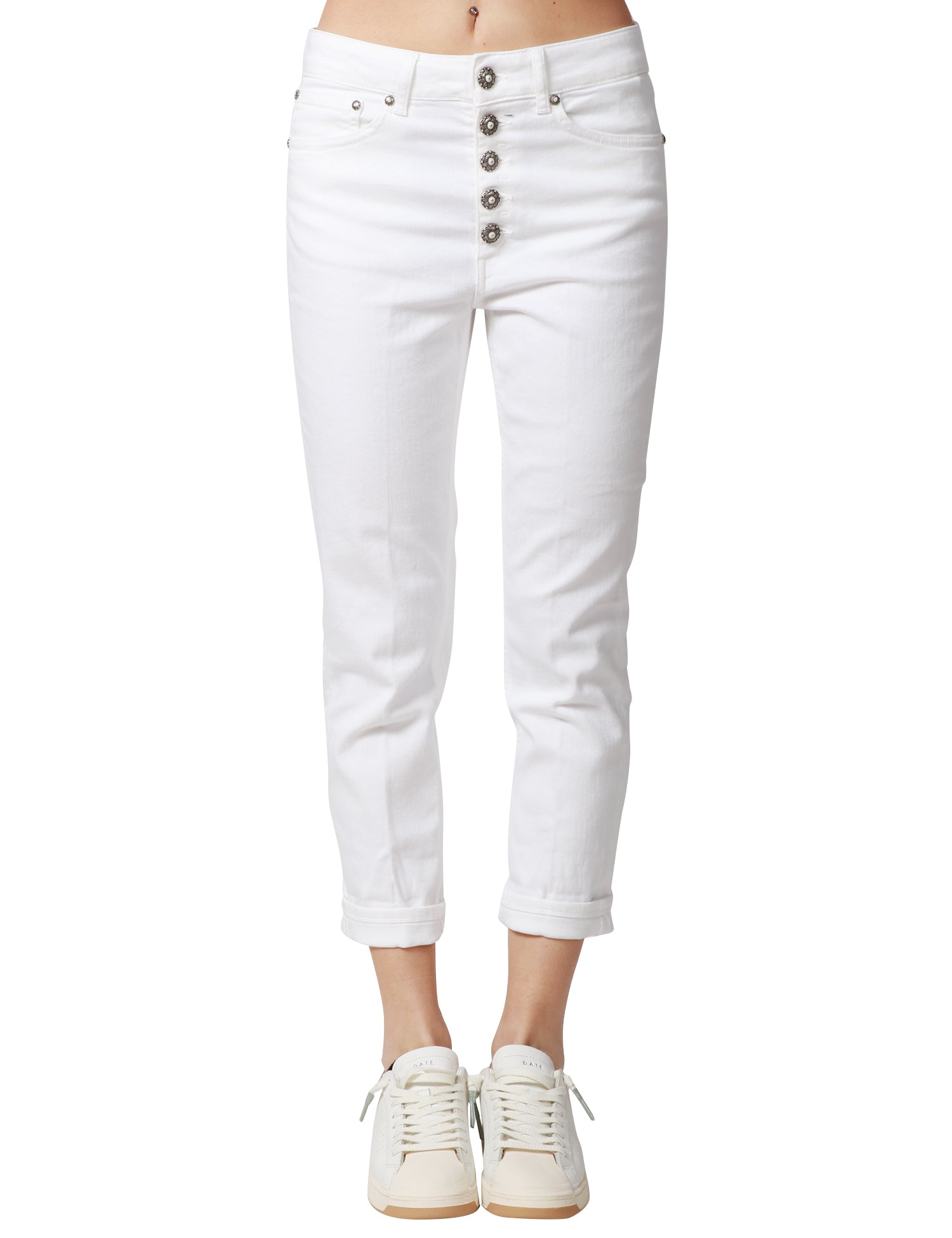 PANTALONE DONNA DONDUP KOONS BIANCO CON BOTTONIERA GIOIELLO A GAMBA DRITTA