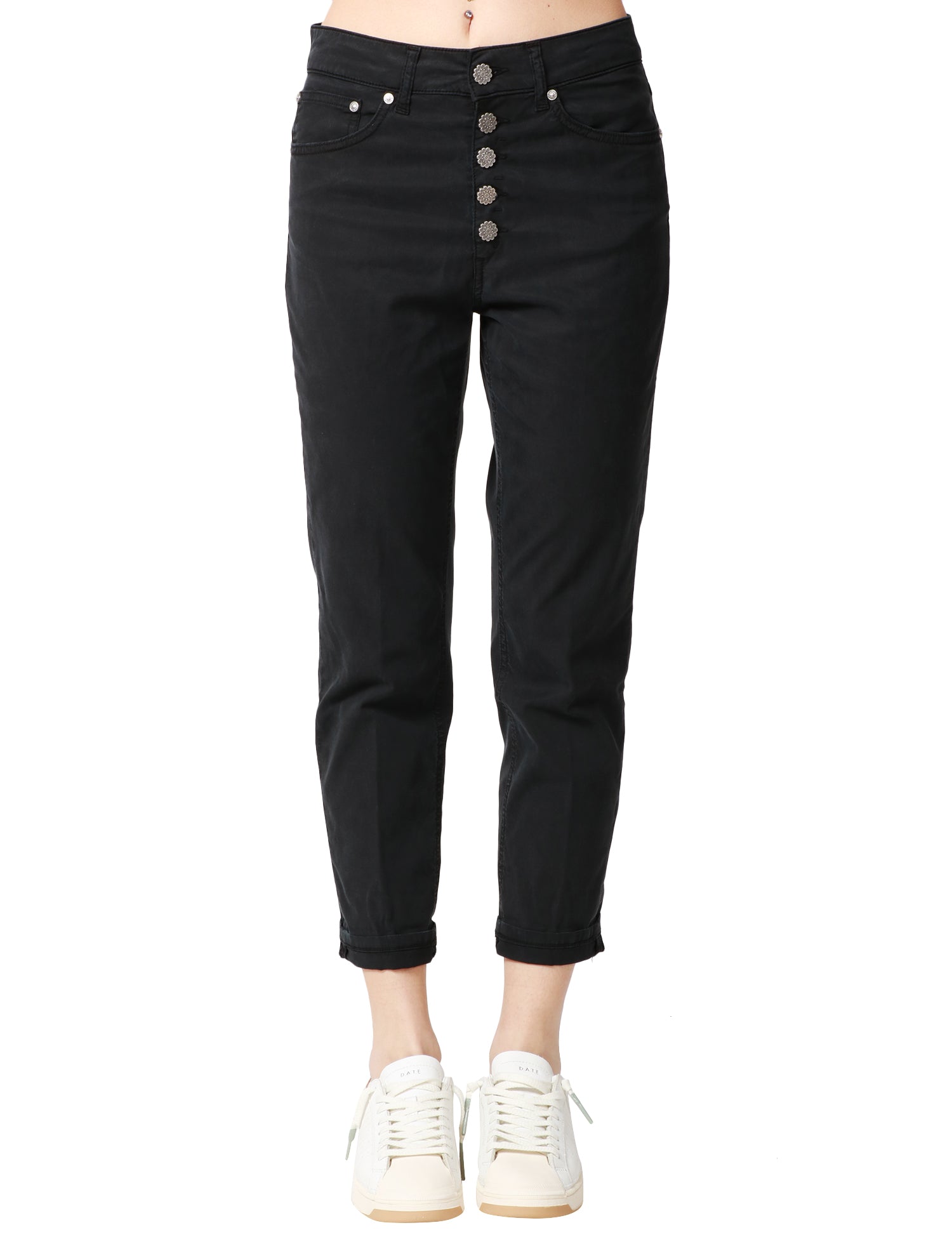 PANTALONE DONNA DONDUP KOONS NERO CON BOTTONIERA GIOIELLO A GAMBA DRITTA