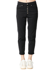 PANTALONE DONNA DONDUP KOONS NERO CON BOTTONIERA GIOIELLO A GAMBA DRITTA