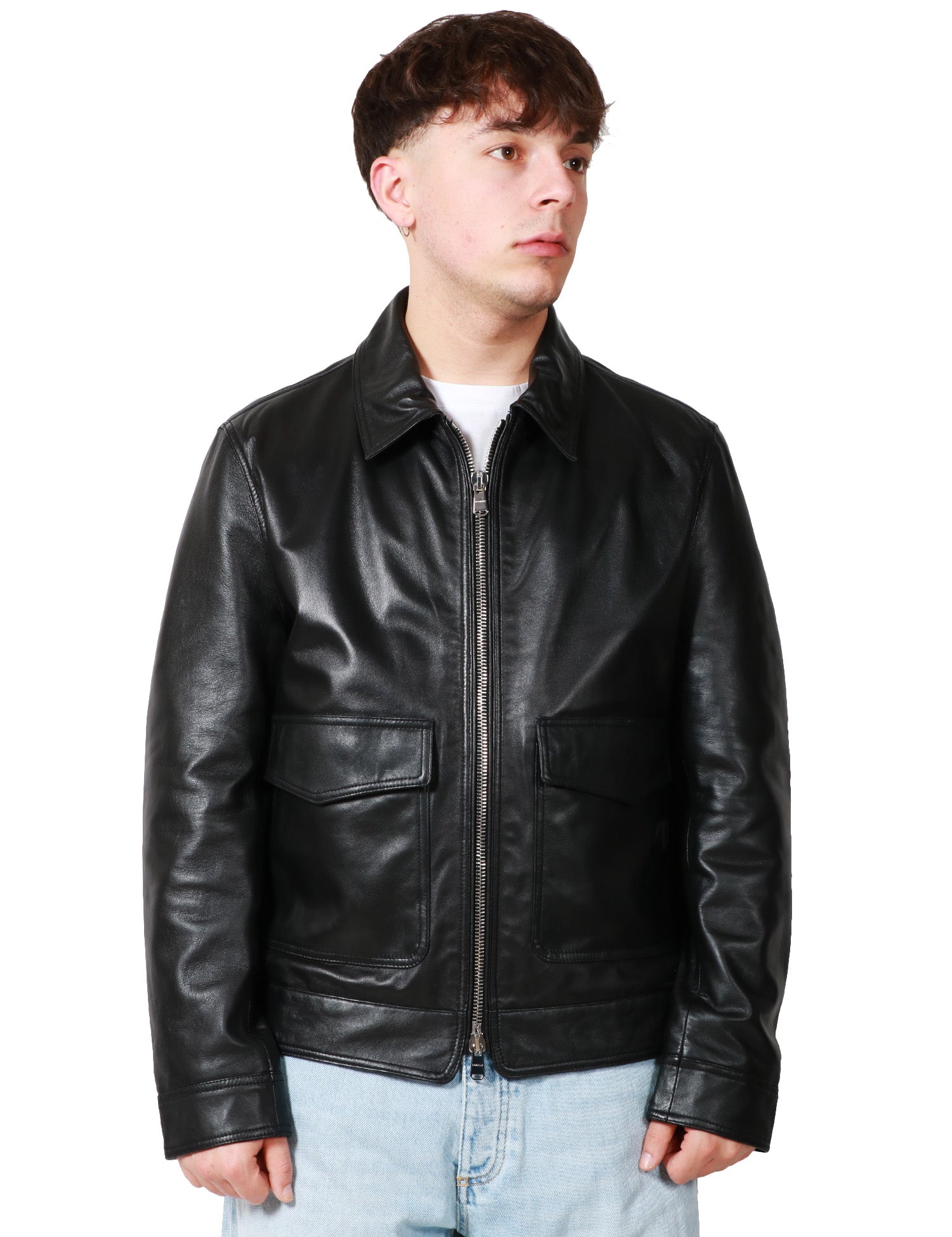 GIUBBOTTO BIKER UOMO DONDUP NERO IN NAPPA CON COLLETTO, ZIP E TASCHE A TOPPA