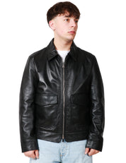 GIUBBOTTO BIKER UOMO DONDUP NERO IN NAPPA CON COLLETTO, ZIP E TASCHE A TOPPA