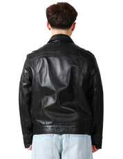 GIUBBOTTO BIKER UOMO DONDUP NERO IN NAPPA CON COLLETTO, ZIP E TASCHE A TOPPA