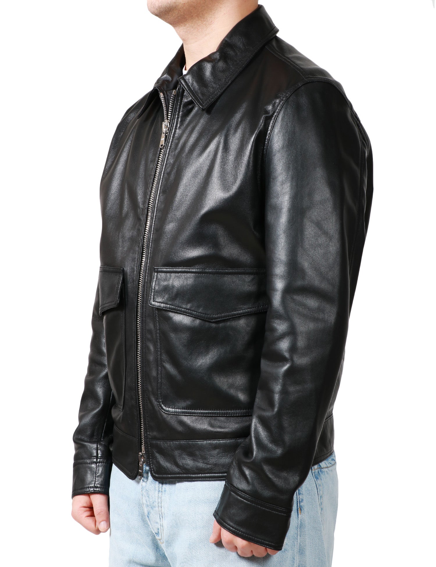 GIUBBOTTO BIKER UOMO DONDUP NERO IN NAPPA CON COLLETTO, ZIP E TASCHE A TOPPA