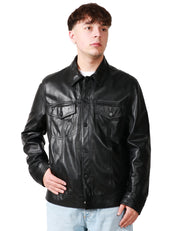 GIUBBOTTO TRUCKER UOMO DONDUP NERO IN NAPPA CON BOTTONI E TASCHE SUL PETTO