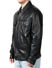 GIUBBOTTO TRUCKER UOMO DONDUP NERO IN NAPPA CON BOTTONI E TASCHE SUL PETTO