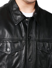 GIUBBOTTO TRUCKER UOMO DONDUP NERO IN NAPPA CON BOTTONI E TASCHE SUL PETTO