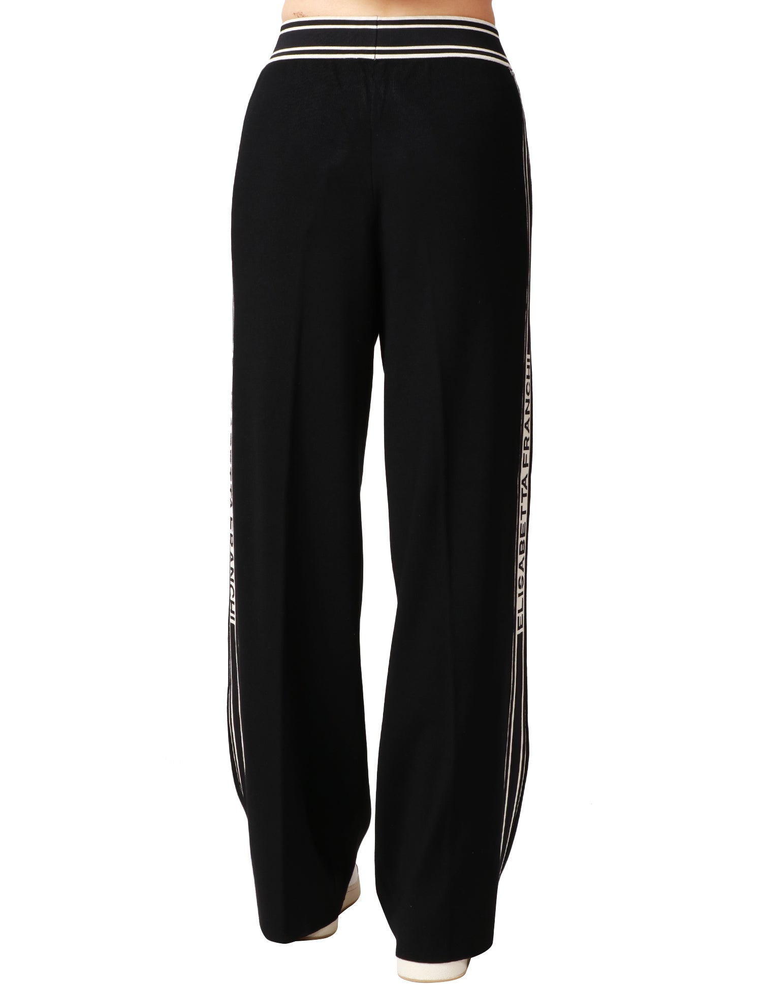 PANTALONE DONNA ELISABETTA FRANCHI NERO A PALAZZO CON BANDA LOGO A CONTRASTO IN VITA E SUI LATI