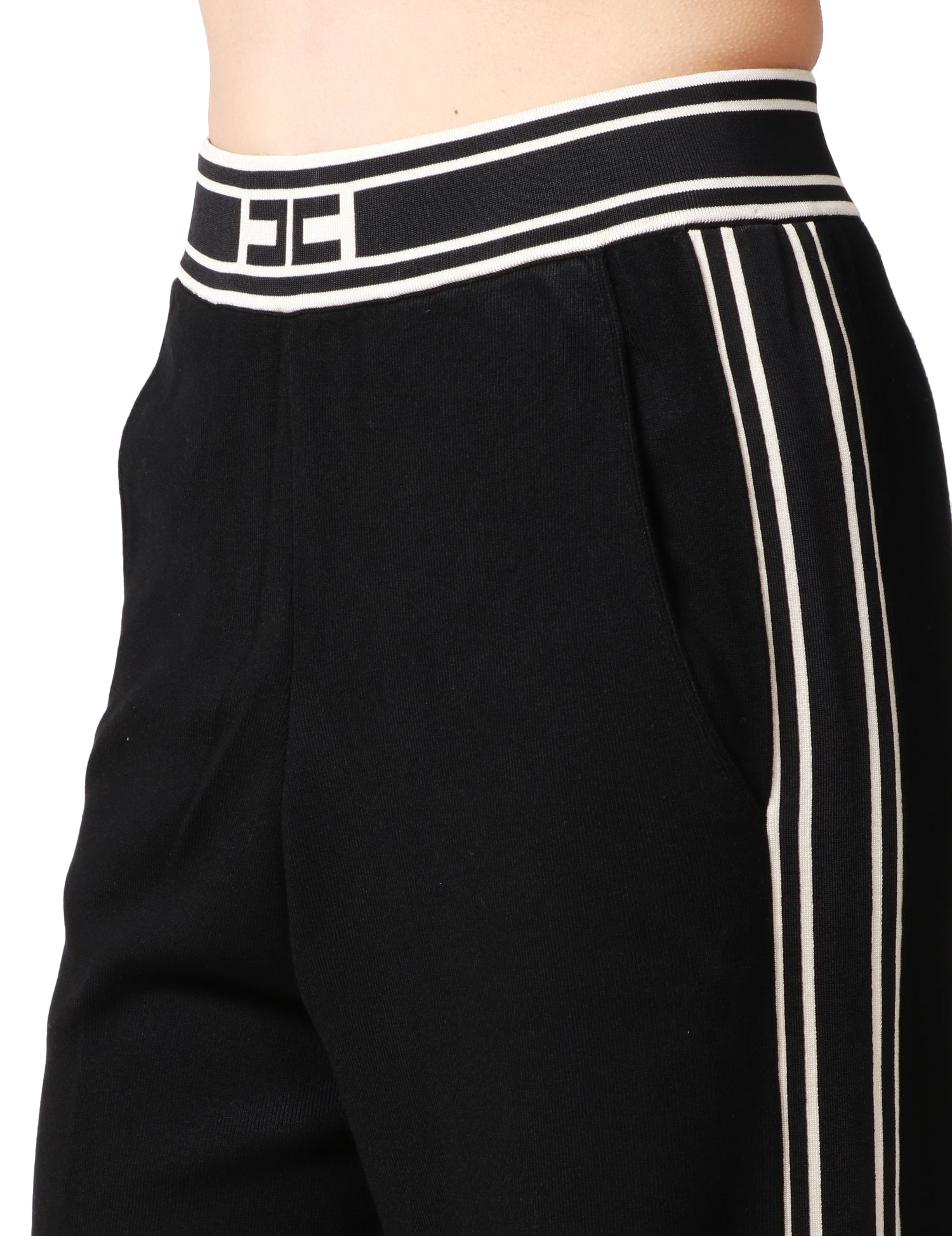 PANTALONE DONNA ELISABETTA FRANCHI NERO A PALAZZO CON BANDA LOGO A CONTRASTO IN VITA E SUI LATI