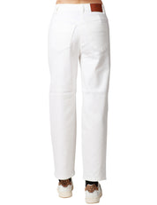 JEANS DONNA ELISABETTA FRANCHI AVORIO IN COTONE A PALAZZO CON BOTTONE LOGATO E CHARM IN SIMILPELLE