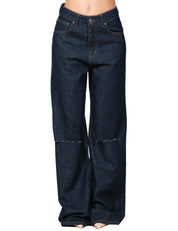 JEANS DONNA GOD SAVE DENIM SELENE LAVAGGIO SCURO CON GAMBA A PALAZZO E ROTTURE SUL GINOCCHIO