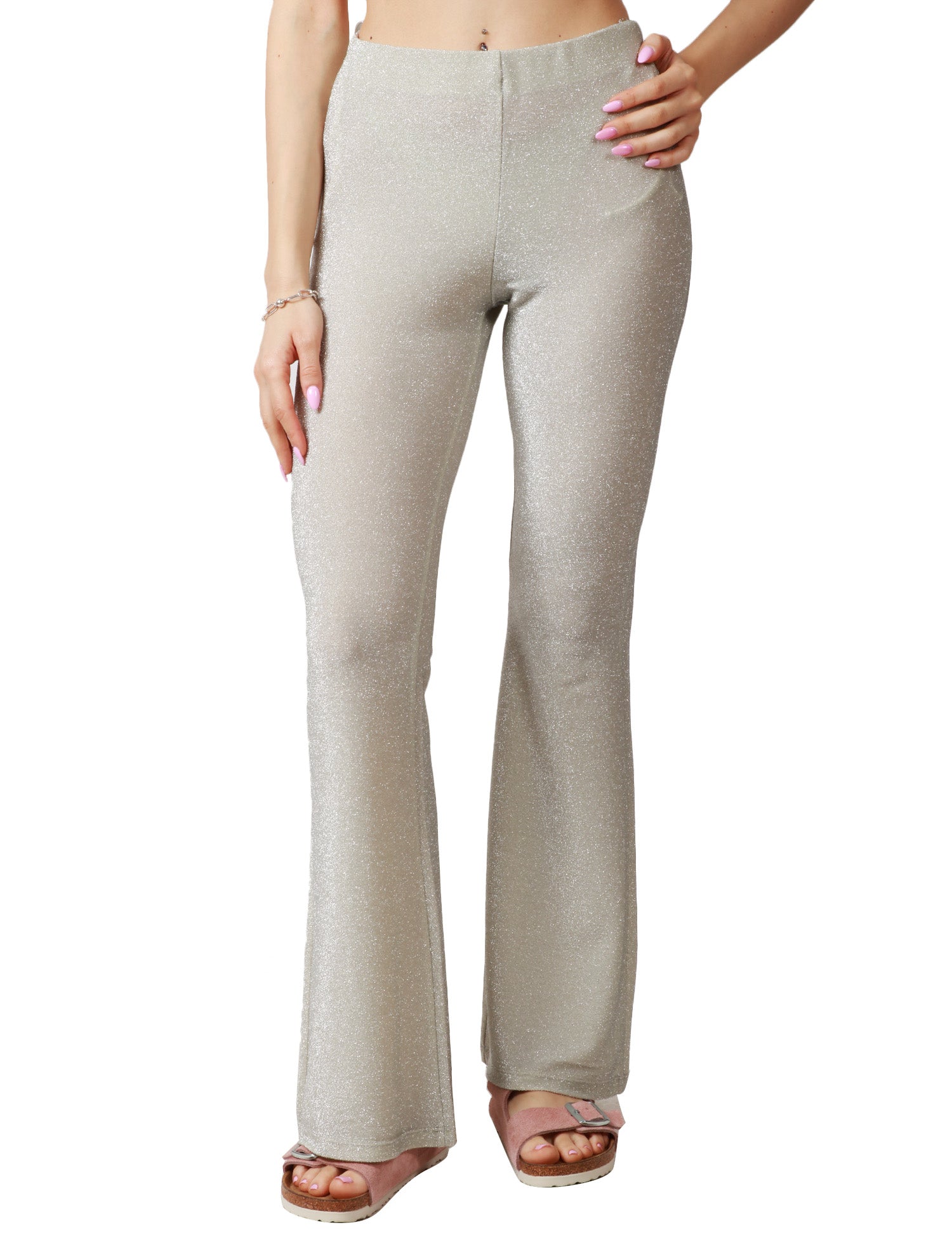 PANTALONE DONNA MATINèE SILVIA BIANCO IN LUREX ELASTICIZZATO A ZAMPA