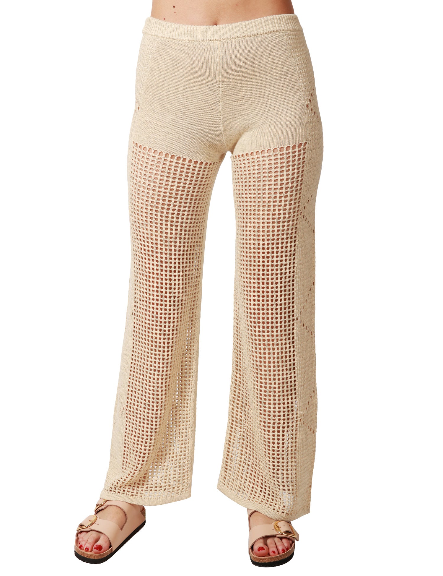 PANTALONE DONNA MC2 SAINT BARTH ALVA BEIGE IN CROCHET CON GAMBA BUCHERELLATA