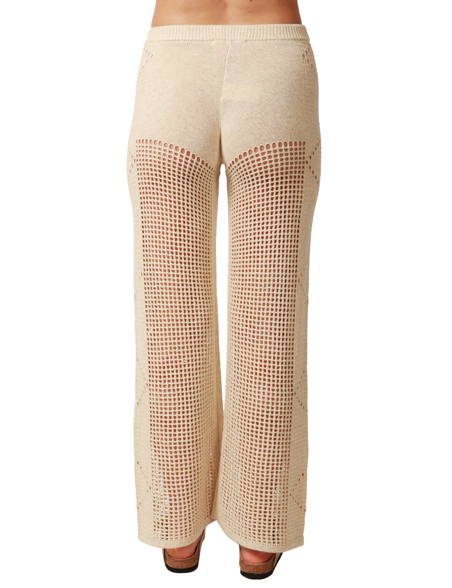 PANTALONE DONNA MC2 SAINT BARTH ALVA BEIGE IN CROCHET CON GAMBA BUCHERELLATA