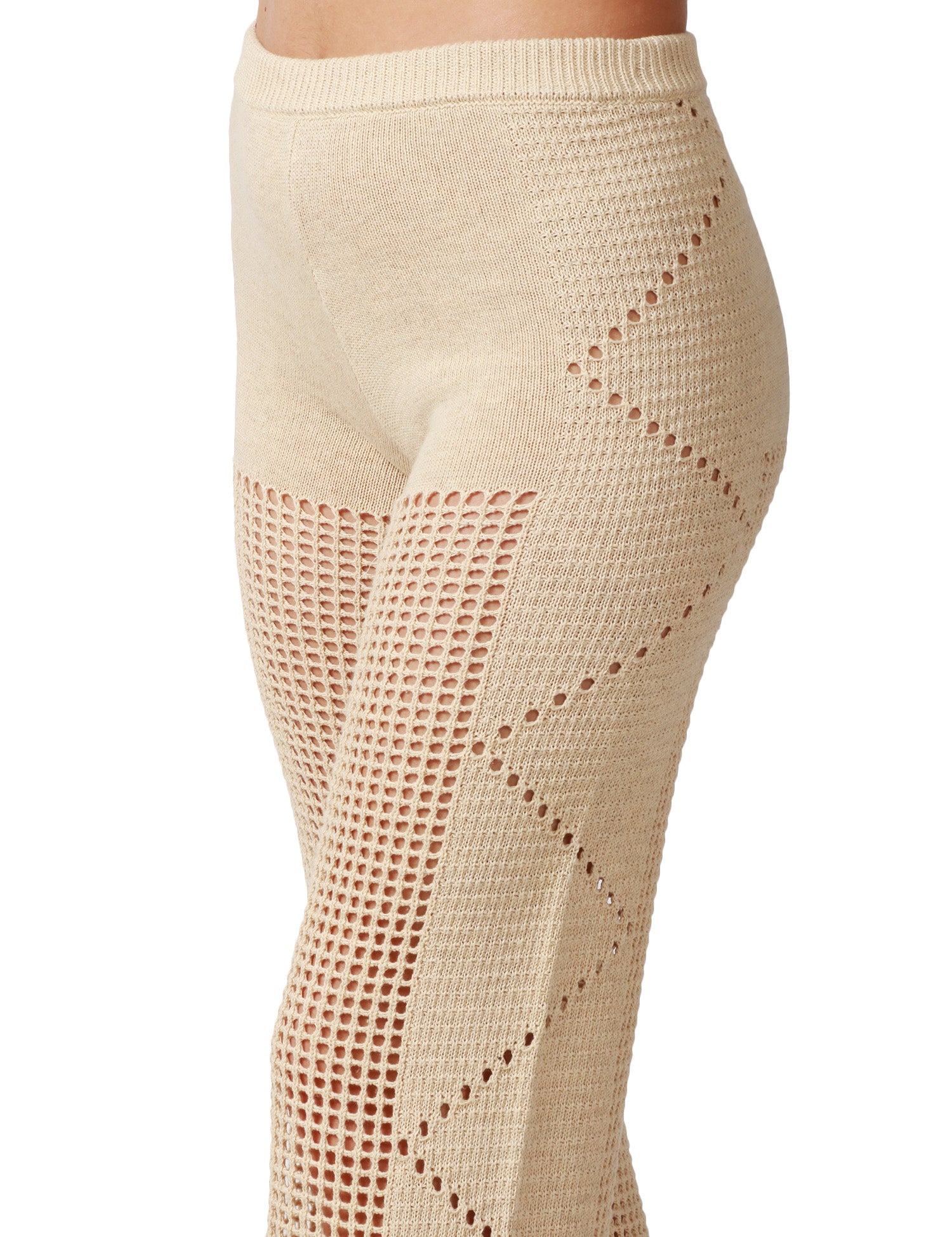 PANTALONE DONNA MC2 SAINT BARTH ALVA BEIGE IN CROCHET CON GAMBA BUCHERELLATA
