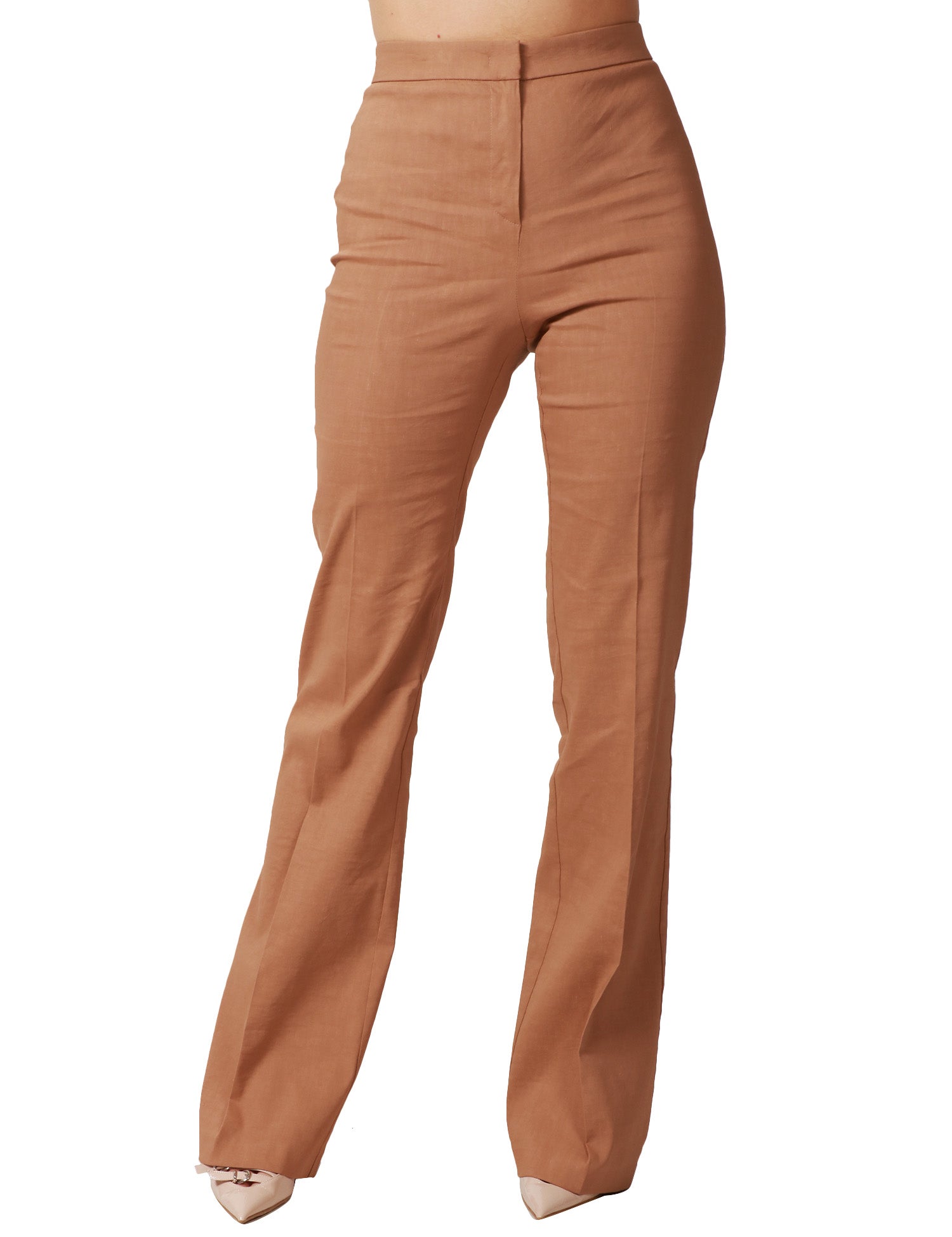 PANTALONE DPNNA PINKO POLLO MARRONE A VITA ALTA E GAMBA SVASATA IN LINO STRETCH