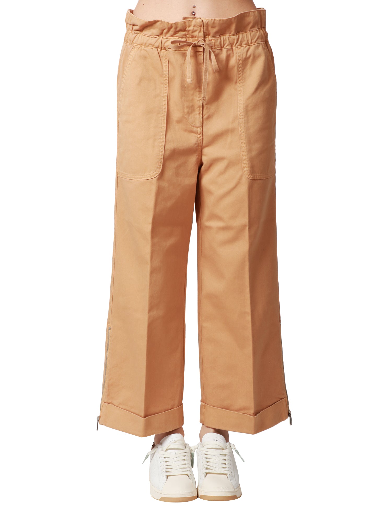 PANTALONE CROPPED DONNA PINKO SOMEBODY MARRONE CON COULISSE IN VITA E ZIP SUL FONDO GAMBA