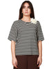 T-shirt donna seventy nero/panna a righe in jersey di cotone con spilla floreale
