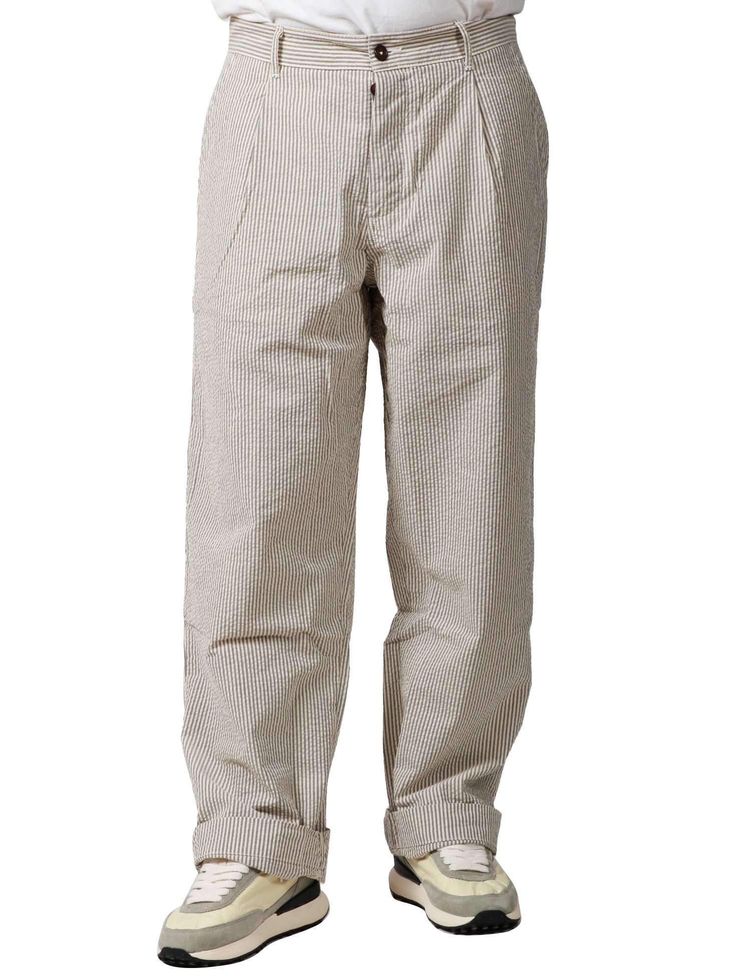PANTALONE UOMO UNIVERSAL WORKS GRIGIO A RIGHE CON GAMBA DRITTA E LARGA