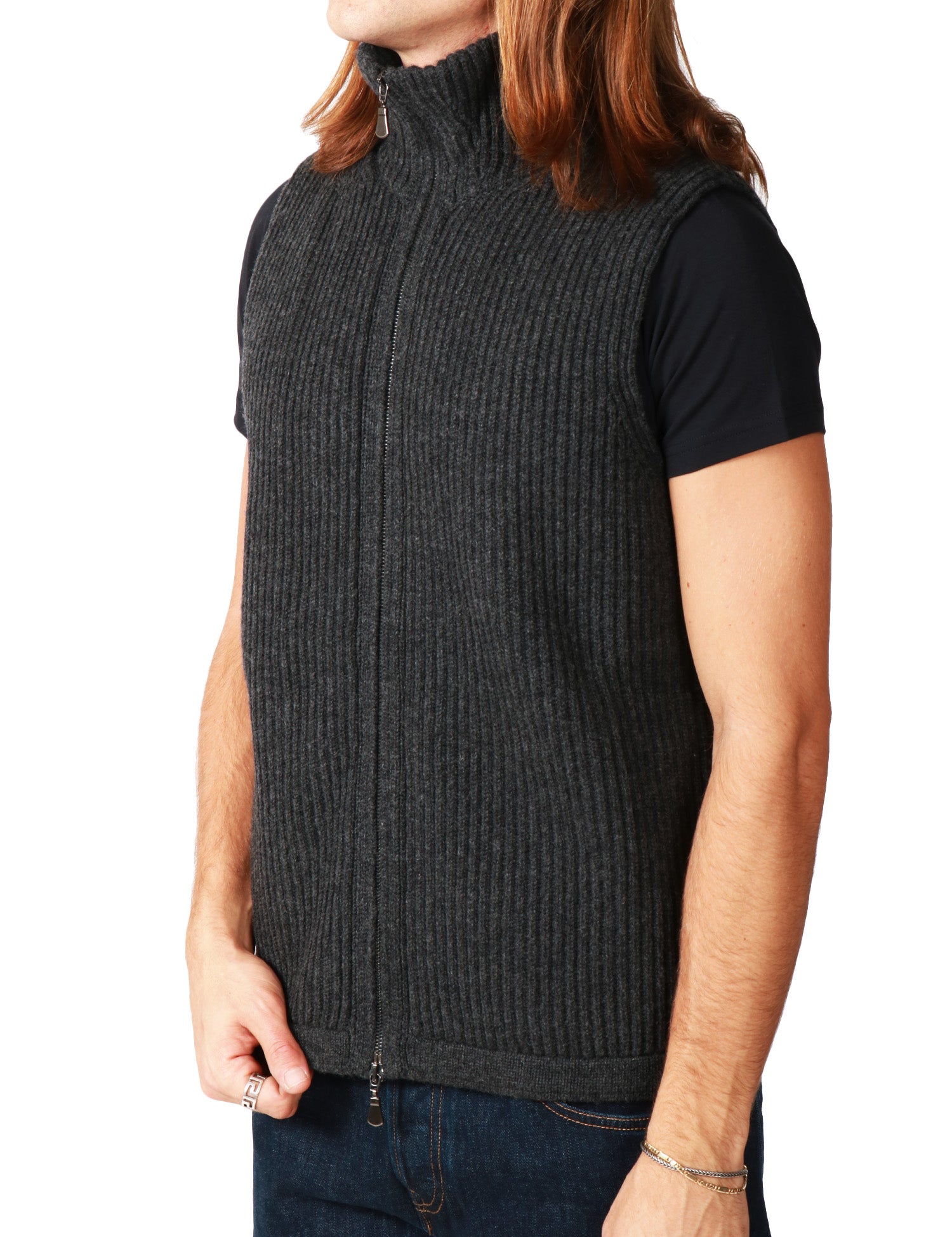 GILET UOMO ALPHA STUDIO ANTRACITE A COLLO ALTO IN LANA E CASHMERE CON LAVORAZIONE A COSTE