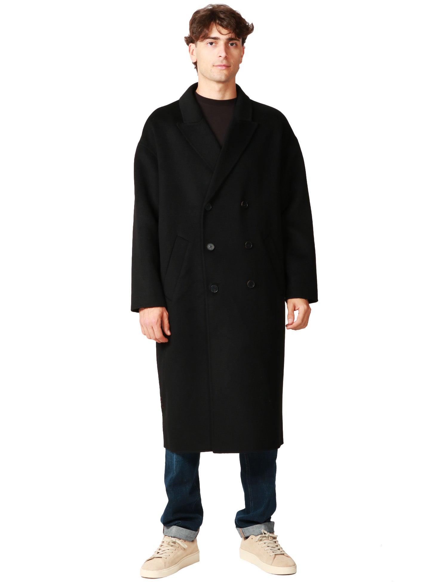 CAPPOTTO UOMO AMARANTO NERO DOPPIOPETTO IN LANA A LUNGHEZZA MEDIA