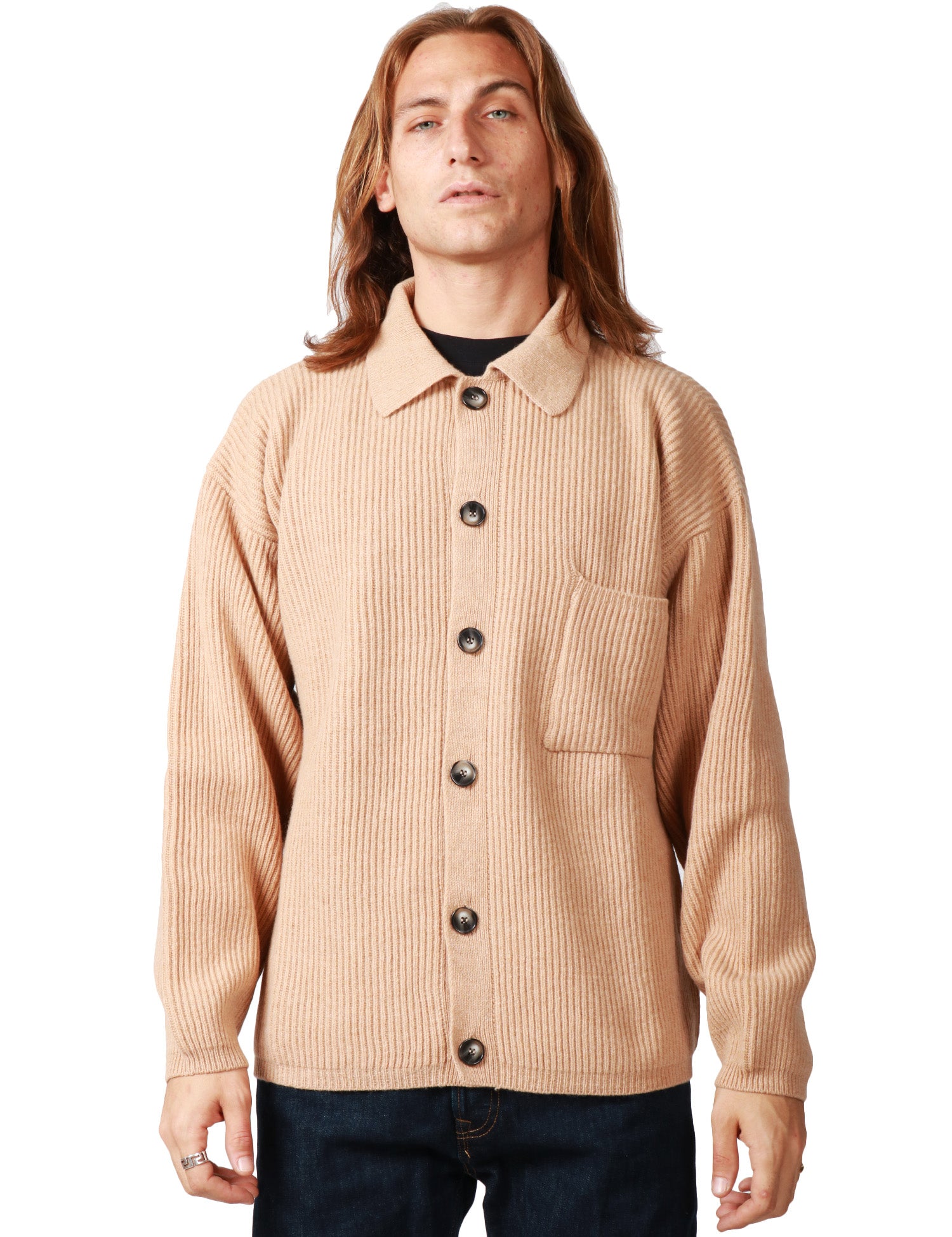 CARDIGAN UOMO AMARANTO BEIGE IN MAGLIA DI LANA A COSTE CON COLLETTO E BOTTONI