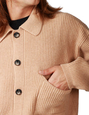 CARDIGAN UOMO AMARANTO BEIGE IN MAGLIA DI LANA A COSTE CON COLLETTO E BOTTONI