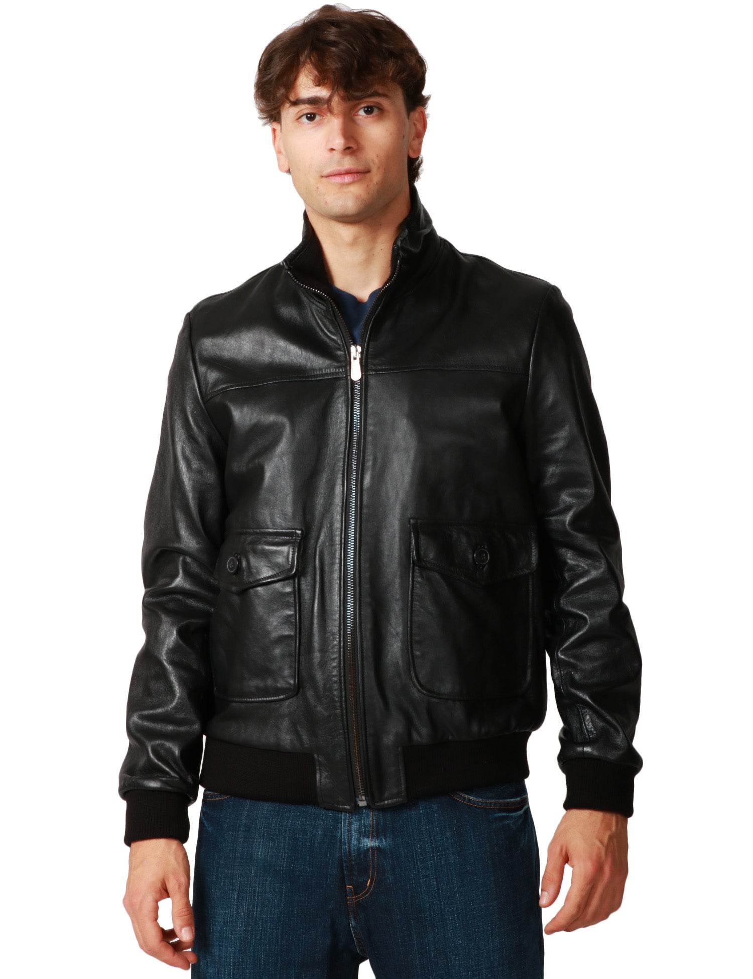BOMBER UOMO BLUSOTTO NERO 100% PELLE CON TASCHE DAVANTI