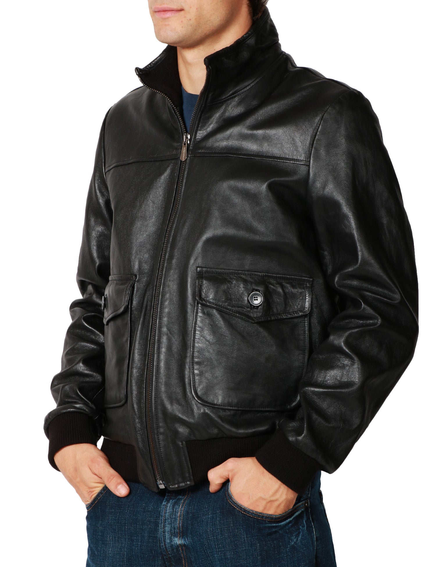 BOMBER UOMO BLUSOTTO NERO 100% PELLE CON TASCHE DAVANTI