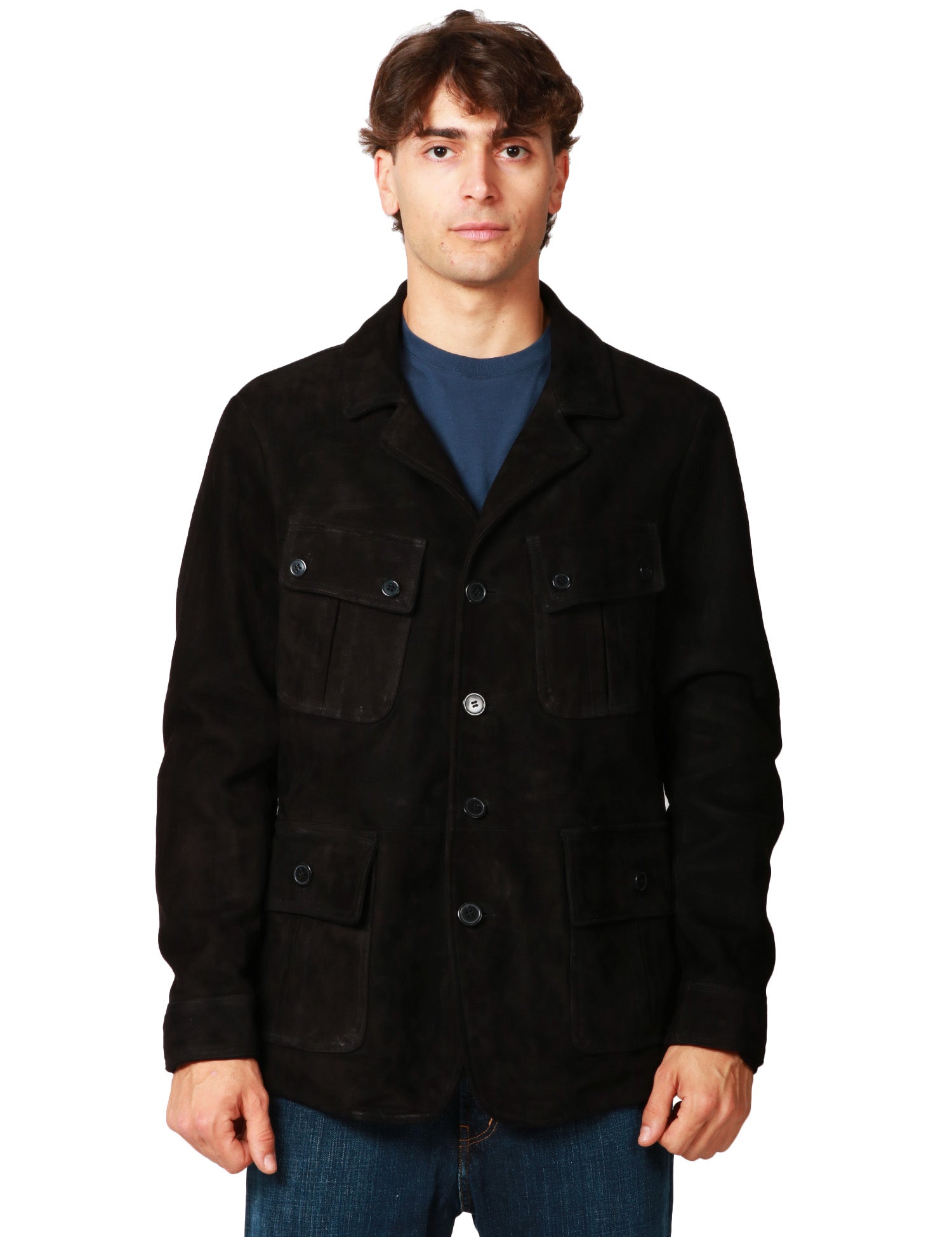 GIUBBOTTO GIACCA UOMO BLUSOTTO NARA IN PELLE SCAMOSCIATA CON COLLO REVER E 4 TASCHE APPLICATE DAVANTI