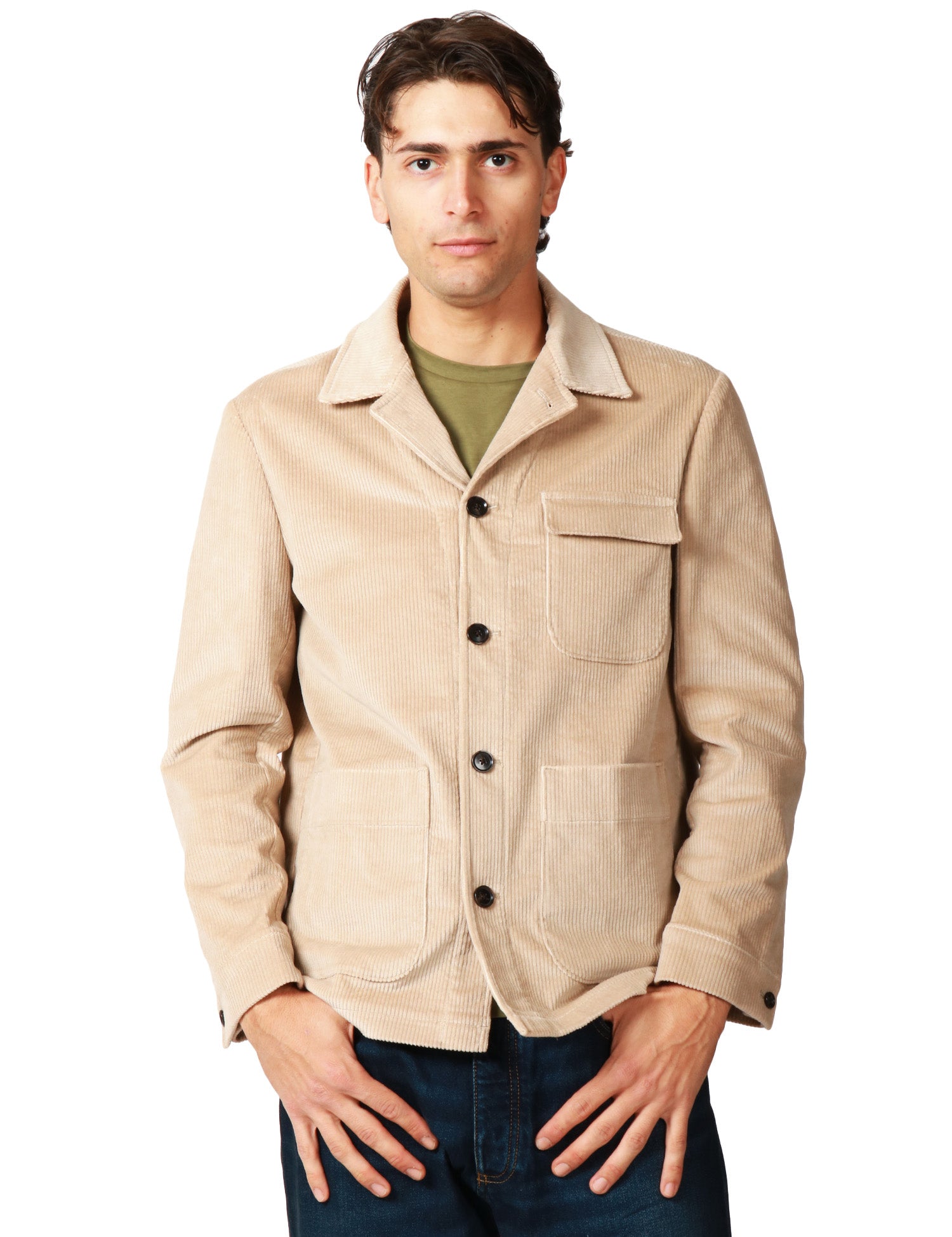 GIACCA UOMO BOLLANI BEIGE IN VELLUTO A COSTINE CON COLLETTO REVER E TASCHE A TOPPA