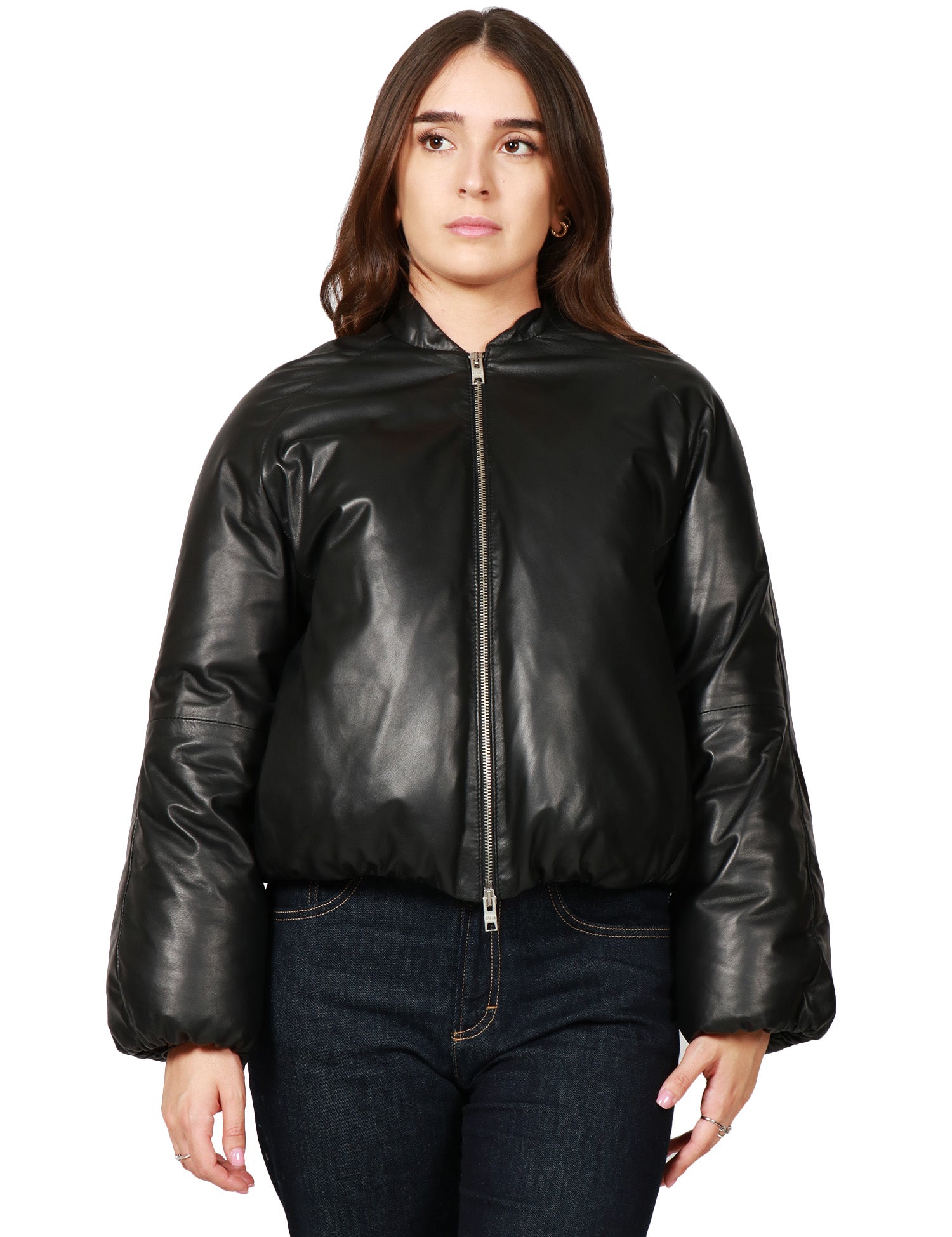 GIUBBINO BOMBER DONNA D FOUR NERO IN NAPPA CON ZIP METALLICA E MANICA A PALLONCINO