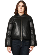 GIUBBINO BOMBER DONNA D FOUR NERO IN NAPPA CON ZIP METALLICA E MANICA A PALLONCINO