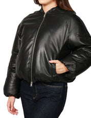 GIUBBINO BOMBER DONNA D FOUR NERO IN NAPPA CON ZIP METALLICA E MANICA A PALLONCINO