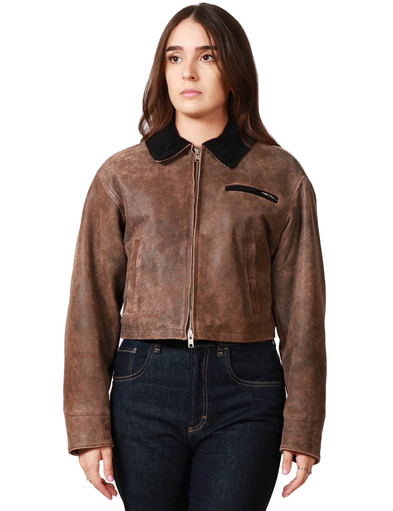 GIUBBOTTO DONNA D FOUR MORO CROP IN VERA PELLE CON COLLETTO E ZIP METALLICA