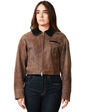 GIUBBOTTO DONNA D FOUR MORO CROP IN VERA PELLE CON COLLETTO E ZIP METALLICA