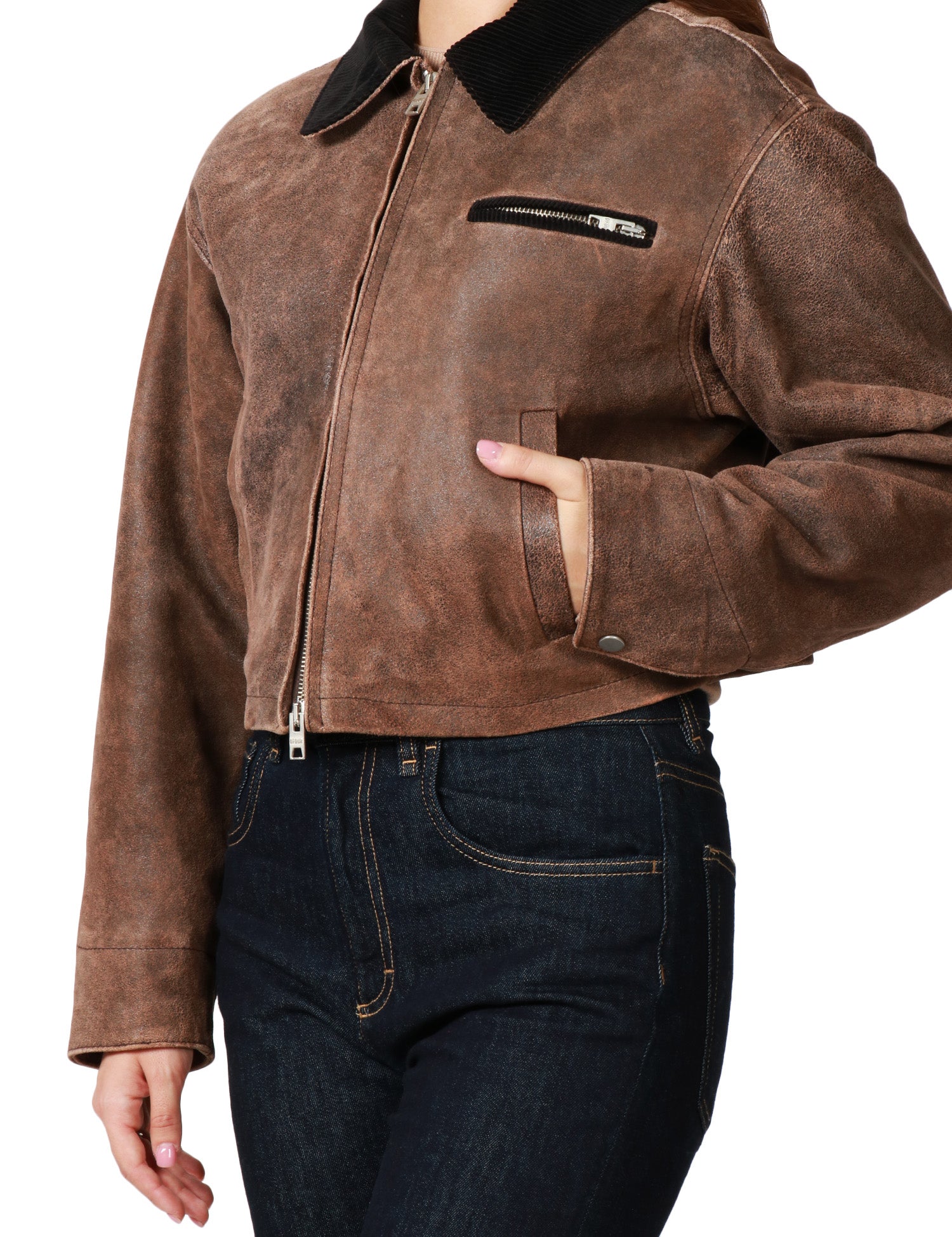 GIUBBOTTO DONNA D FOUR MORO CROP IN VERA PELLE CON COLLETTO E ZIP METALLICA