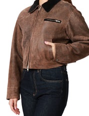 GIUBBOTTO DONNA D FOUR MORO CROP IN VERA PELLE CON COLLETTO E ZIP METALLICA