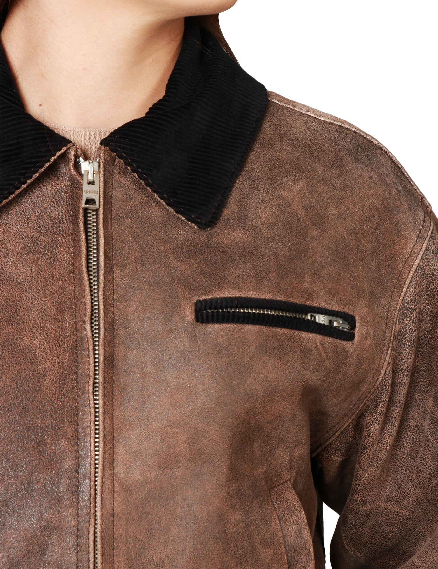 GIUBBOTTO DONNA D FOUR MORO CROP IN VERA PELLE CON COLLETTO E ZIP METALLICA